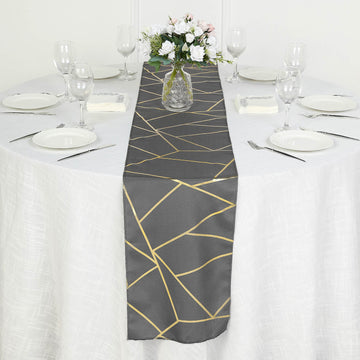 Charcoal Gray / Gold Foil Geometric Pattern Polyester Table Runner 9ft