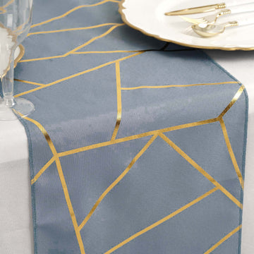 Elevate Your Tablescapes with the Dusty Blue / Gold Foil Geometric Pattern Polyester Table Runner 9ft