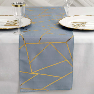 Unleash Your Creativity with the Dusty Blue / Gold Foil Geometric Pattern Polyester Table Runner 9ft