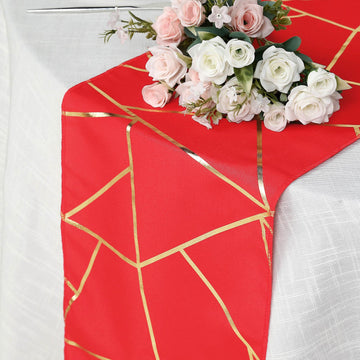 Add a Touch of Elegance with the Red / Gold Foil Geometric Pattern Polyester Table Runner 9ft