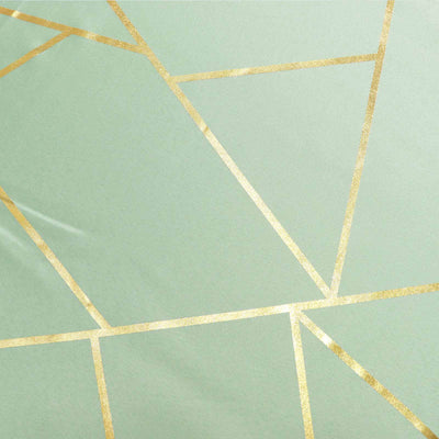 Green geometric pattern with gold accents on a textured background.
