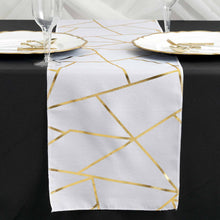 9 Feet Polyester Table Runner With White And Gold Foil Geometric Design