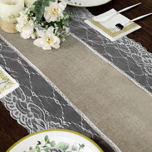 16 Inch x 108 Inch Rustic Taupe Table Runner In Faux Burlap Jute Lace