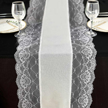 Elegant Ivory Faux Burlap Jute Table Runner with White Lace Edging