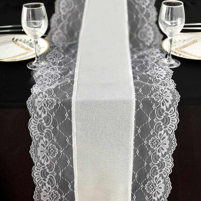 Elegant lace table runner on a black table setting with plates and glasses.