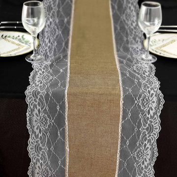 Natural Faux Burlap Jute Table Runner With White Lace Edging