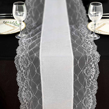 Elegant White Faux Burlap Jute Table Runner with White Lace Edging
