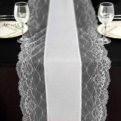 Lace table runner on a dining table with glassware and plates.