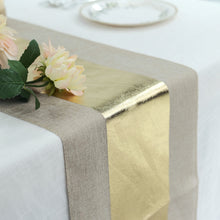 12x108 Inch Taupe Faux Jute Table Runner With Gold Foil Design