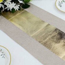 12x108 Inch Taupe Table Runner With Gold Foil And Polyester Burlap Material