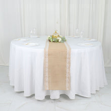 Jute Burlap Natural Table Runner with White Lace Trim Edges 14 Inch x 104 Inch