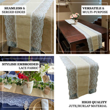 Table Runner Natural Jute Burlap 16 Inch x 108 Inch With White Lace Edges