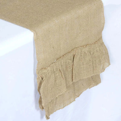 Burlap table runner with ruffled edges in natural color