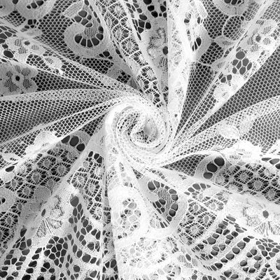 White lace fabric with intricate floral patterns and delicate texture.