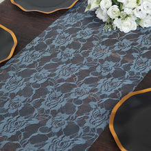 Dusty Blue Lace Table Runner With Rose Flower Design 12 Inch x 108 Inch