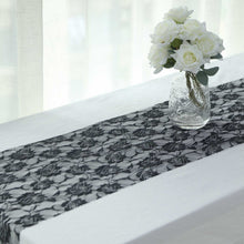 12 Inch x 108 Inch Black Lace Table Runner With Rose Flower Design