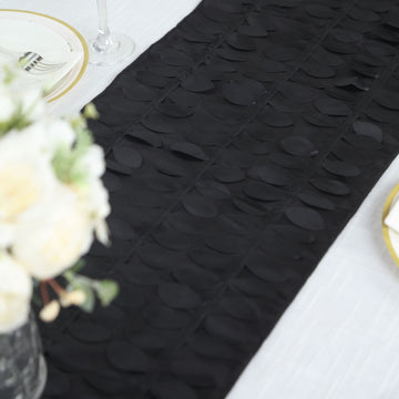 Enhance Your Event Decor with the Black 3D Leaf Petal Taffeta Fabric Table Runner
