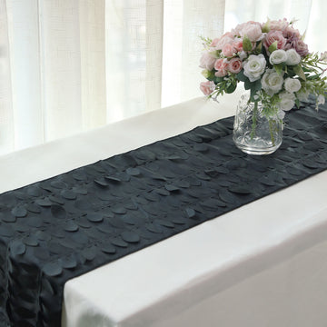 Create a Stunning Wedding Table Setting with the Black 3D Leaf Petal Taffeta Fabric Table Runner