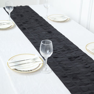 Elegant Black 3D Leaf Petal Taffeta Fabric Table Runner
