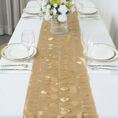 Elegant gold table runner with leaf patterns, perfect for dining decor.