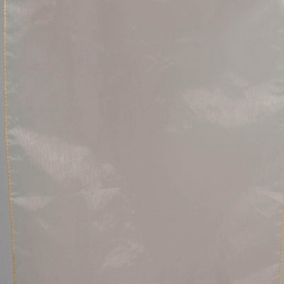 Gray fabric with a subtle sheen and golden trim detail.