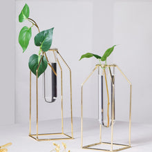 Set of 2 | Rectangular Gold Metal Frame Test Tube Bud Vases, Geometric Wedding Centerpieces