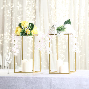 2 Pack Rectangular Gold Metal Wedding Flower Stand, Geometric Column Frame Centerpiece 16"