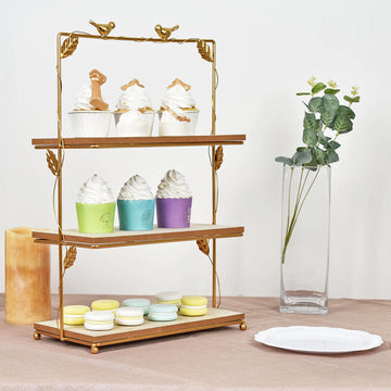 3-Tier Rectangular Gold/Wood Slice Cheese Board Cupcake Stand Tower, Rustic Centerpiece - Assembly Tools Included 19"