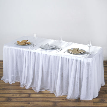 6ft Rectangular White 3 Layer Skirted Tablecloth, Fitted Tulle Tutu Satin Pleated Table Skirt