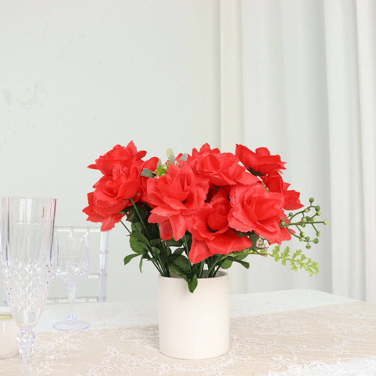 12 Bushes Artificial Flowers Red Silk Premium 84 Blossomed Roses