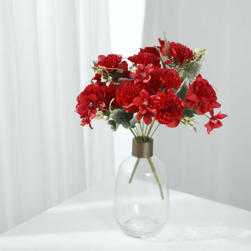 3 Pack Red Artificial Silk Carnation Flower Bouquets, Faux Floral Arrangement Bushes 14"
