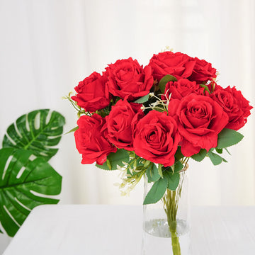2 Bushes Red Artificial Silk Rose Flower Arrangements, Real Touch Long Stem Flower Bouquet 18"