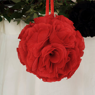 2 Pack | 7" Red Artificial Silk Rose Kissing Ball, Faux Flower Ball