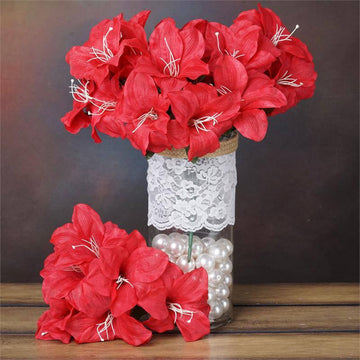 10 Bushes | Red Artificial Silk Tiger Lily Flowers, Faux Bouquets
