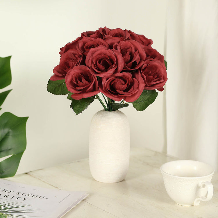 12 Inch Red Artificial Velvet Like Fabric Rose Flower Bouquet Bush