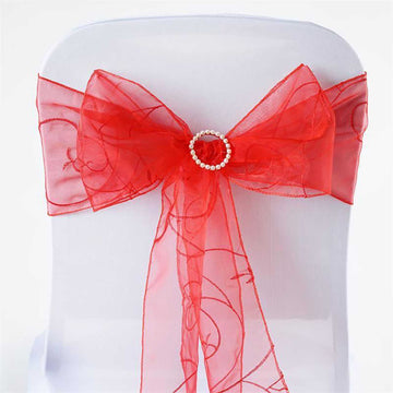 5 Pack Red Embroidered Organza Chair Sashes 7"x108"