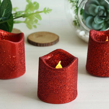 12 Pack | Red Glittered Flameless LED Votive Candles, Battery Operated Reusable Candles