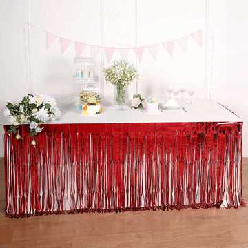 30"x9ft Red Metallic Foil Fringe Table Skirt, Self Adhesive Tinsel Table Skirt
