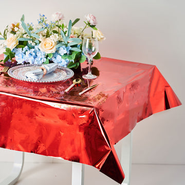 Red Metallic Foil Square Tablecloth, Disposable Table Cover 50"x50"