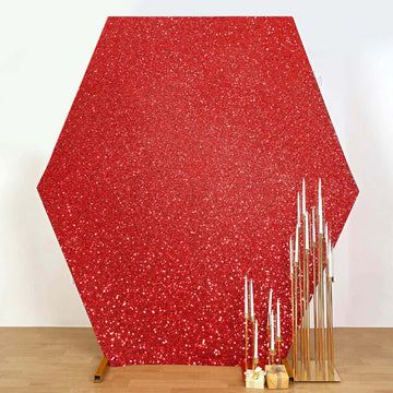 Red Metallic Shimmer Tinsel Spandex Hexagon Backdrop, 2-Sided Wedding Arch Cover 8ftx7ft