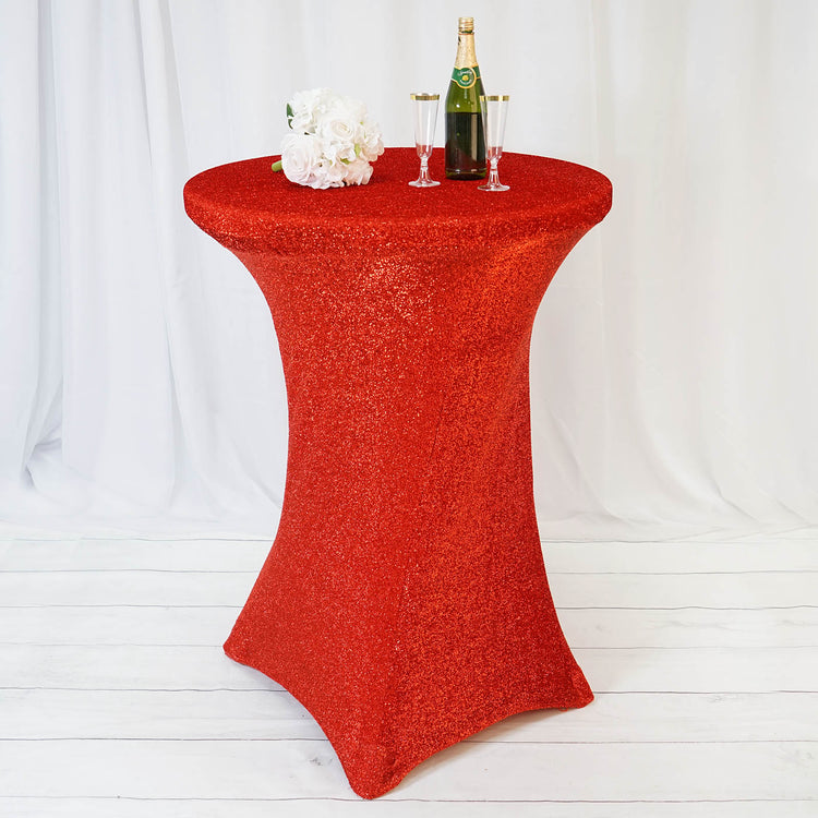 Red Metallic Shimmer Tinsel Spandex Cocktail Table Cover