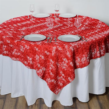 Enhance Your Event with the Red 3D Mini Rosette Satin Square Table Overlay