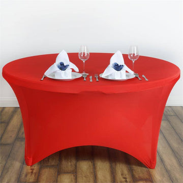 Add a Pop of Color to Your Event with the Red Round Stretch Spandex Tablecloth 5ft
