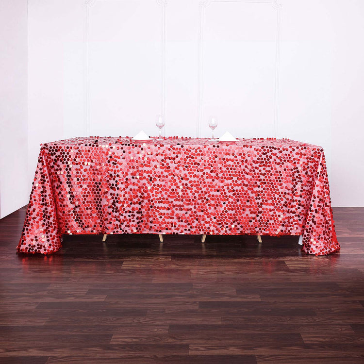 Red Big Payette Sequin Rectangle Premium Tablecloth 90 Inch x 132 Inch 