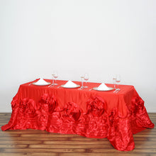 90 Inch x 132 Inch Red Large Rosette Lamour Satin Oblong Rectangular Tablecloth