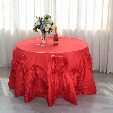120" Red Seamless Large Rosette Round Lamour Satin Tablecloth