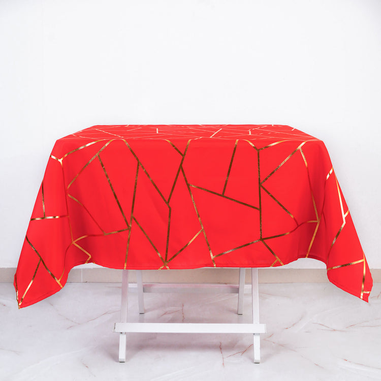 Red Polyester Square Tablecloth With Gold Foil Geometric Pattern 54 Inch x 54 Inch 