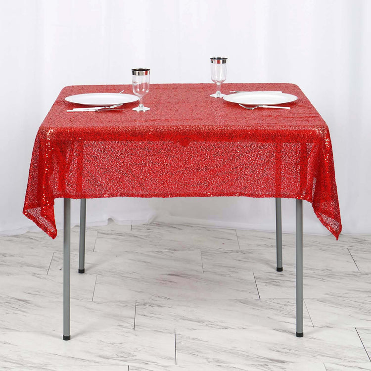 54 inch x 54 inch Red Premium Sequin Square Tablecloth