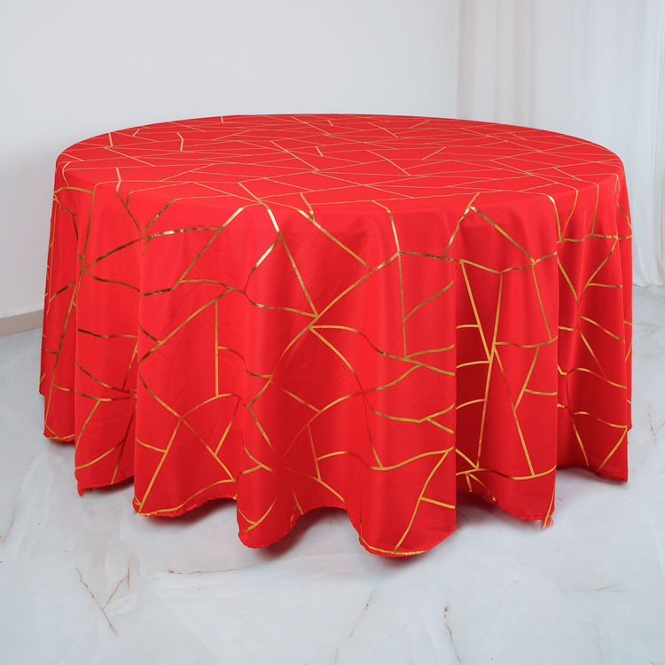 Round Red 120 Inch Tablecloth With Gold Foil Geometric Pattern Made Of Polyester