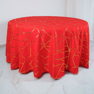 Red Seamless Round Polyester Tablecloth With Gold Foil Geometric Pattern 120" for 5 Foot Table With Floor-Length Drop